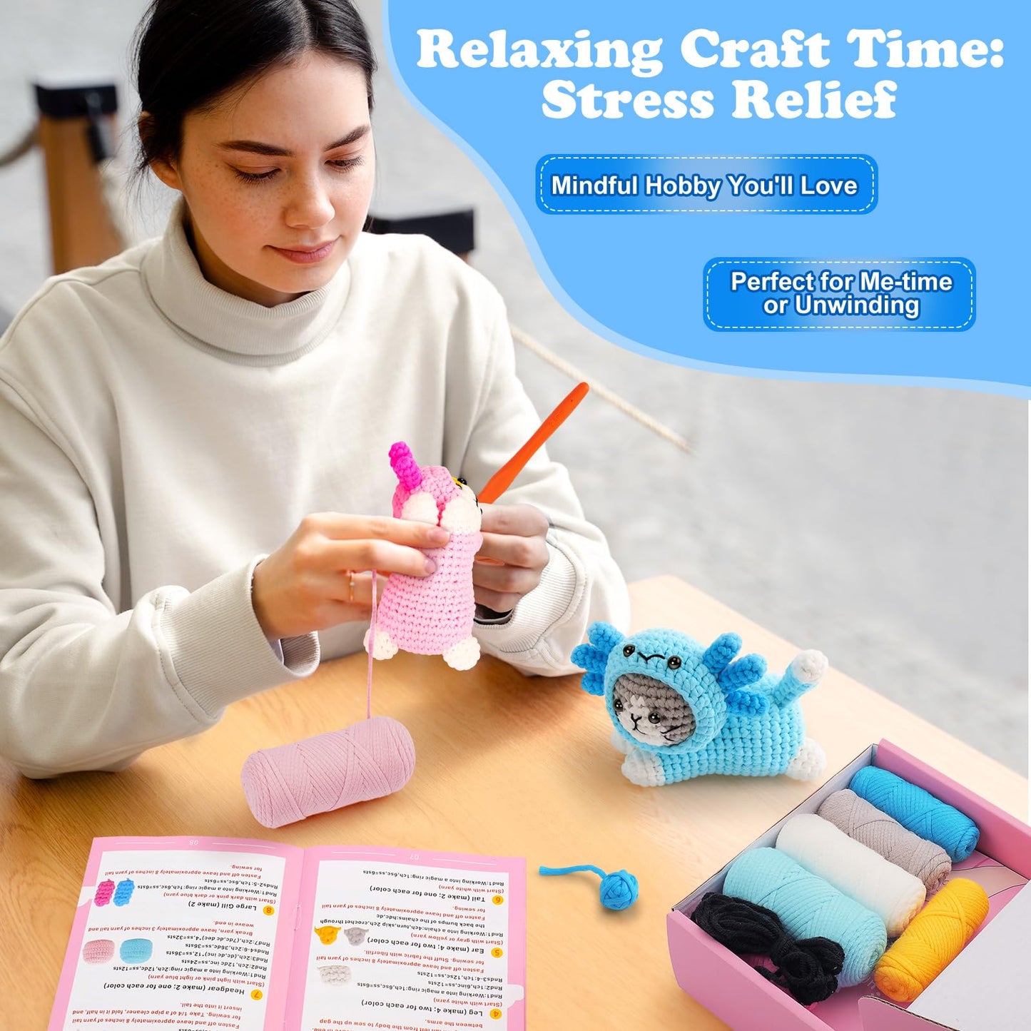 Crochet Kit for Beginners, Crochet Starter Kits for Adults Kids, Cat Dress in Axolotl Crochet Kit, Complete Crochet Animal Kit with Step-by-Step Video Tutorials, Gifts for Crocheting Lovers