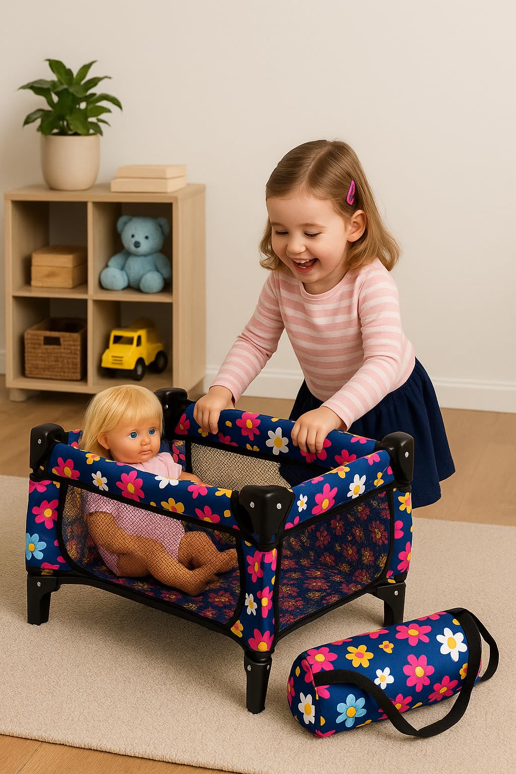 Baby Doll Crib Set, Toy Pack n Play Bassinet Blanket & Carry Bag for Baby Doll Playpen Fits up to 20" Doll | Allows for Easy Compact Folding for Storage Toy,