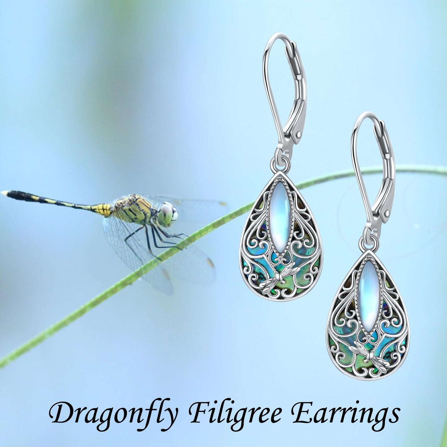 Dragonfly Filigree Earrings Sterling Silver Teardrop Abalone Shell Drop Dangle Earring Filigree Leverback Earrings Gifts for Women Jewelry