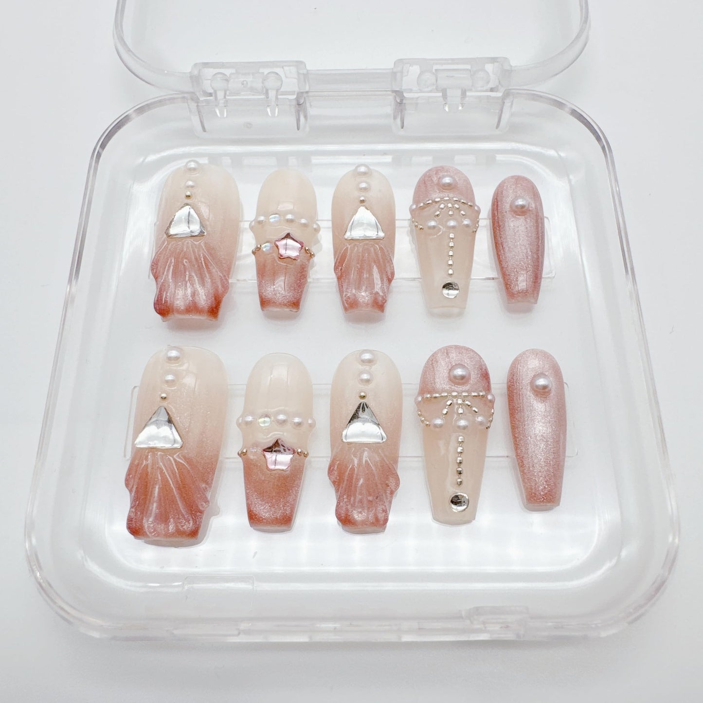 NLSJMP, 10Pcs,Size M, Handmade Long Press on Nails Ombre Balerina Acrylic Fake Nails Kit,3D Glitter Pearl Design Nail Art Kit,Reusable False nails,Include Toolkit,Elegent