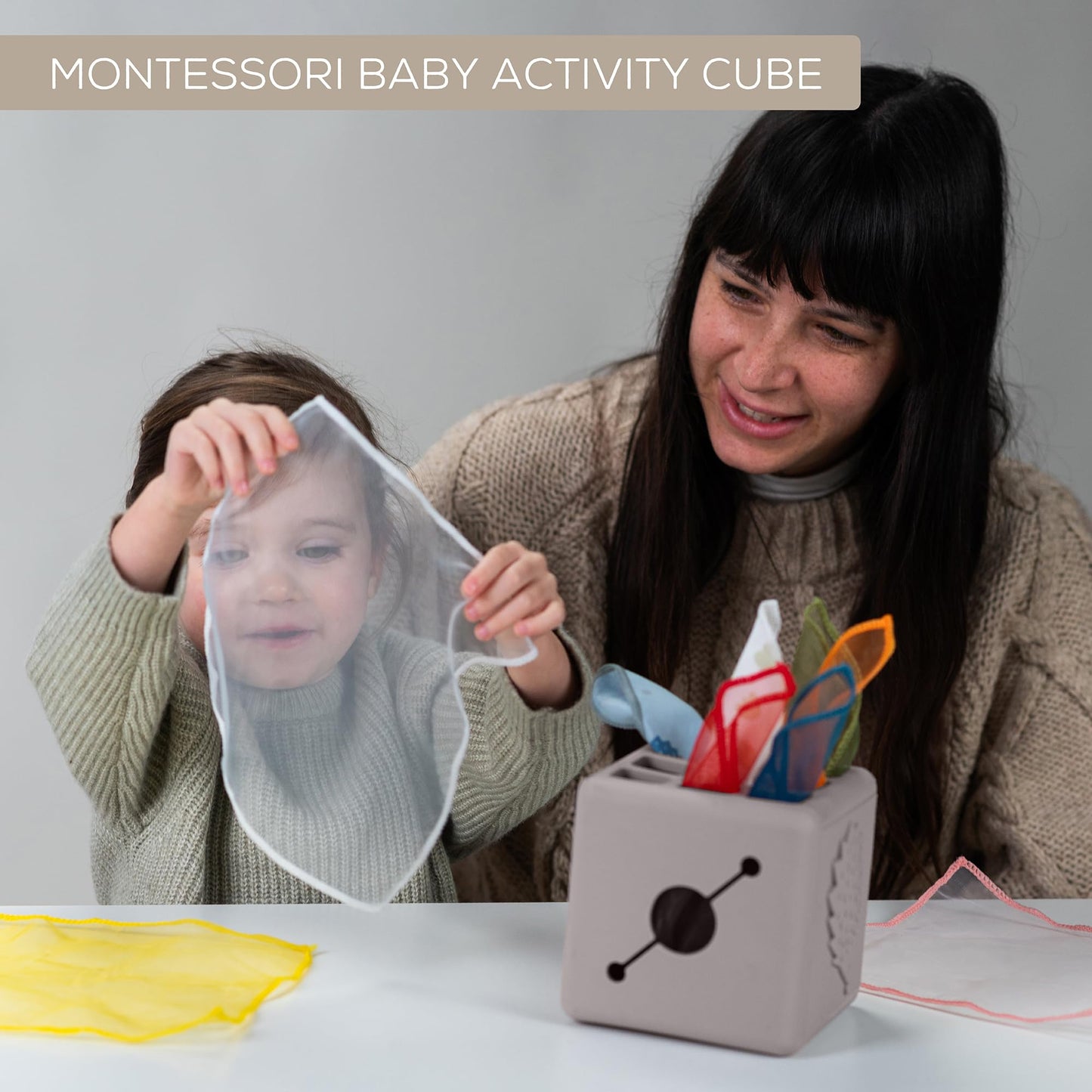 Taf Toys Baby Tissue Box Toy Silicone Baby Toys 6-12 Months Montessori Toys Sensory Activity & 10 Tissues for Fine Motor Development Soft Interactive Silicone Learning Cube for 1 Year Old Toddlers