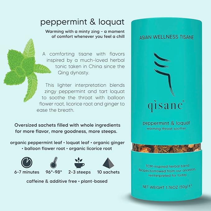 qìsane Organic Peppermint Tea Bags with Loquat Leaves - Whole Organic Peppermint Leaves, Loquat, Ginger & Balloon Flower Roots - Herbal Tea for Cough Support & Easy Breathing - 10 sachets (~30 cups)