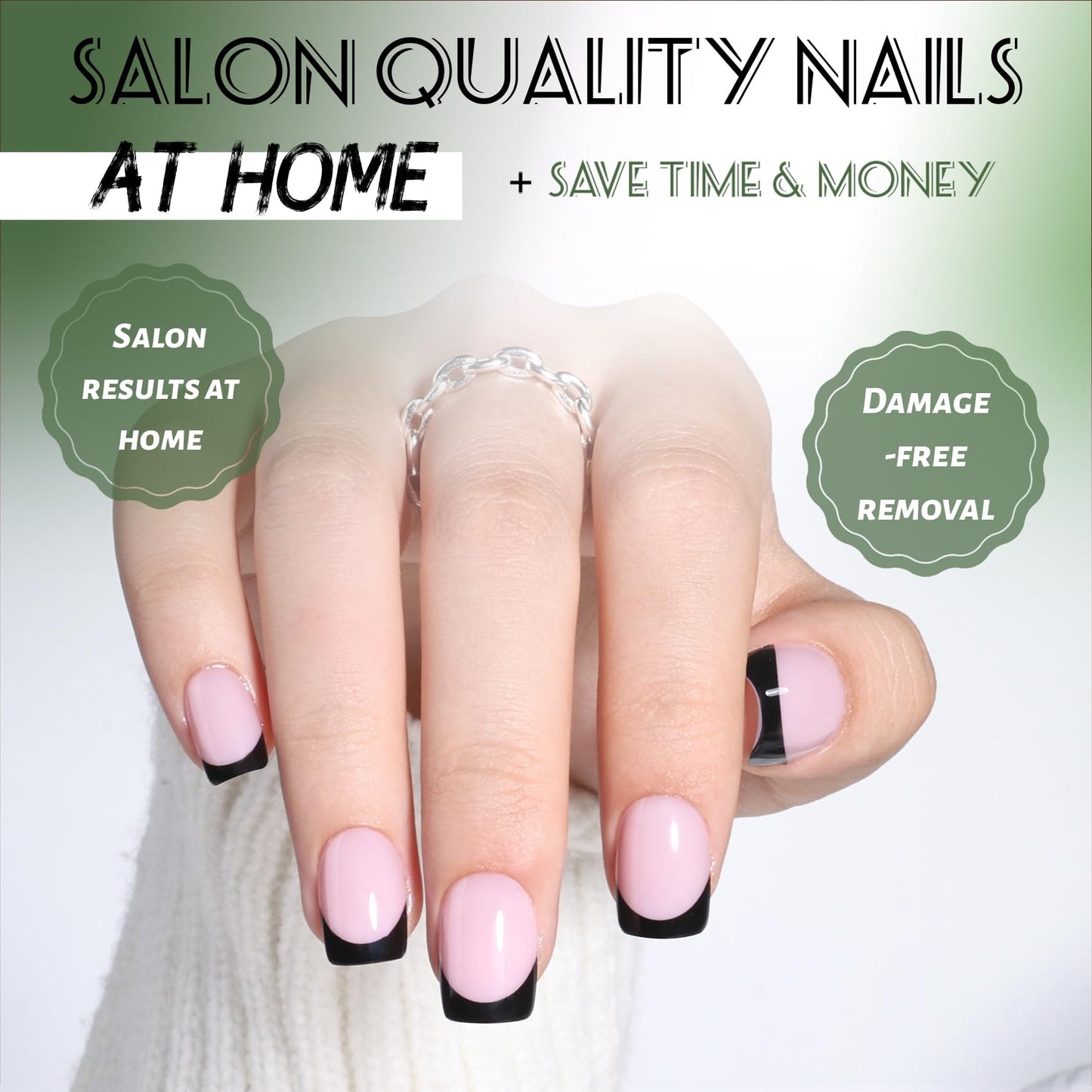 Black French Tip Press On Nails Short - Square Short Fake Nails with Nail Glue, Black French Tip Press On Nails Square Reusable Stick On Nails in 15 Sizes 30 Nail Kit for Women | Salon Quality