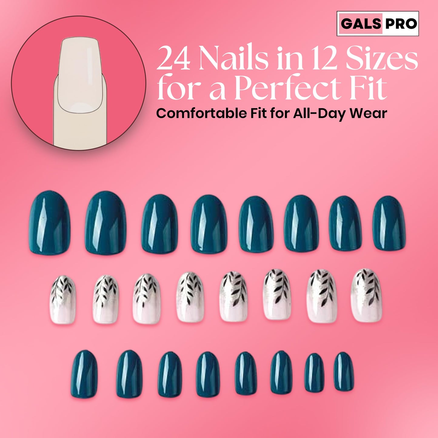 GALSPRO Short Press on Nails - Set of 24 Fake Nails with Designs in 12 Different Sizes for Perfect Fit, Cute False Nails Kit for Women with 0.07oz Nail Glue (LEAFY LUXE OVAL SHAPE, Short)