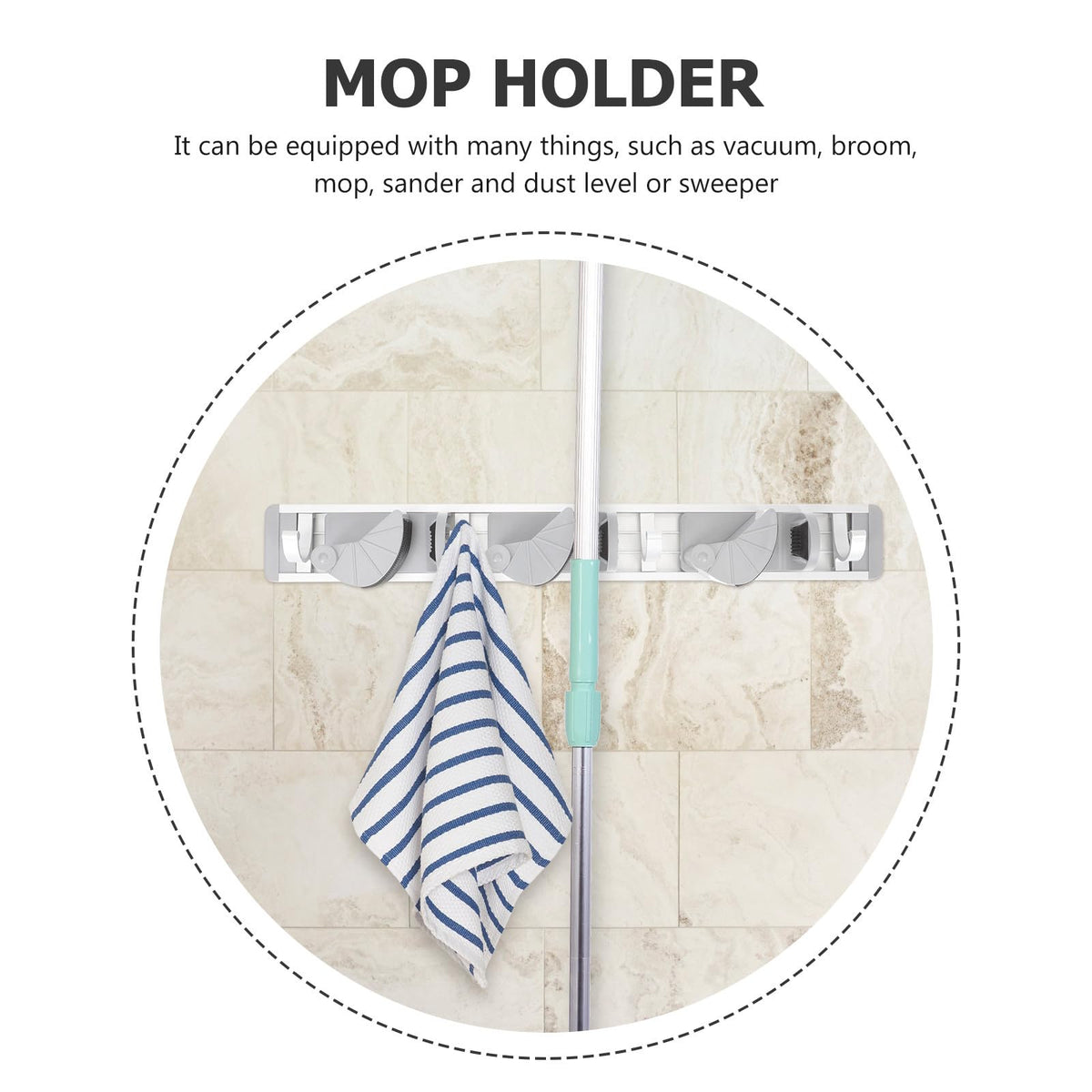 Wall mounted Mop Rack with 4 Hooks Space Aluminum Hole