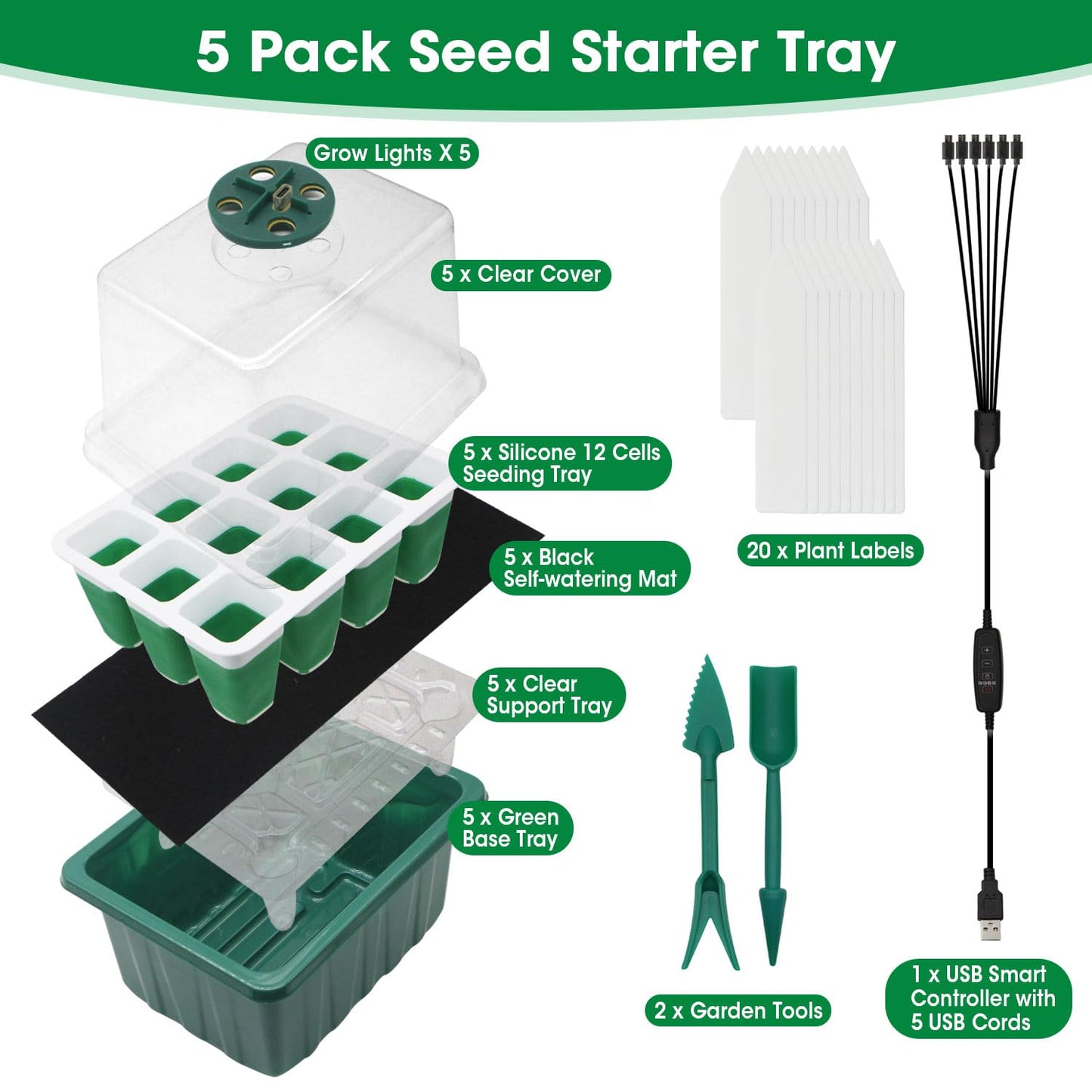 5PCS 60 Cell Self Watering Seed Starter Tray with Grow Light, Reusable Silicone Seed Starter Kit with Humidity Dome, 60 Cells Plant Germination Trays for Seeding Planting Growing(5-Pack 60-Cell)