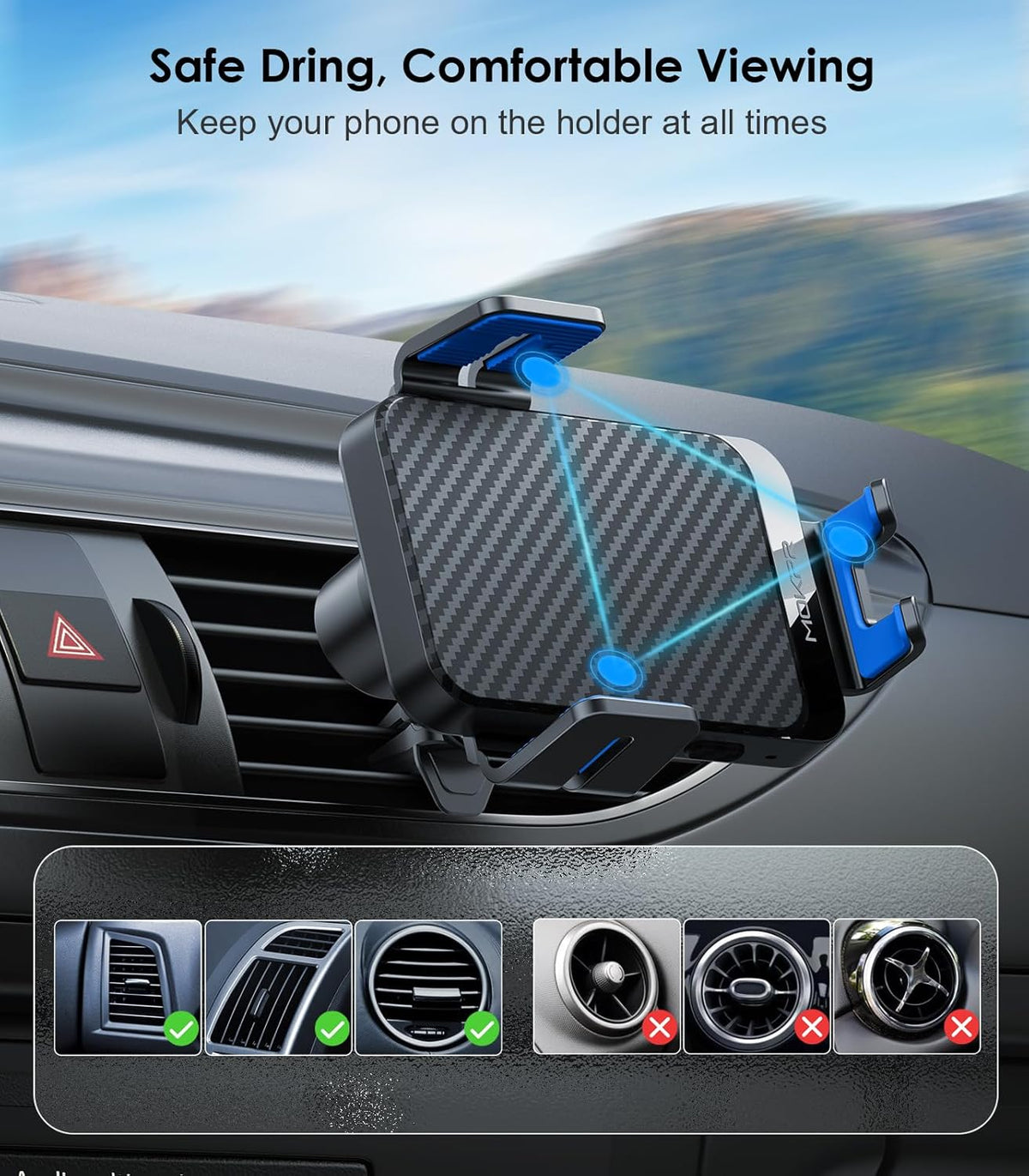 Wireless Car Charger, MOKPR 15W Fast Charging Auto-Clamping Phone Mount Air Vent Cell Phone Holder Compatible iPhone 15/14/13/13 Pro/12 pro/12/11/X/8, Compatible Galaxy S23/S22/S21/S20, etc Blue