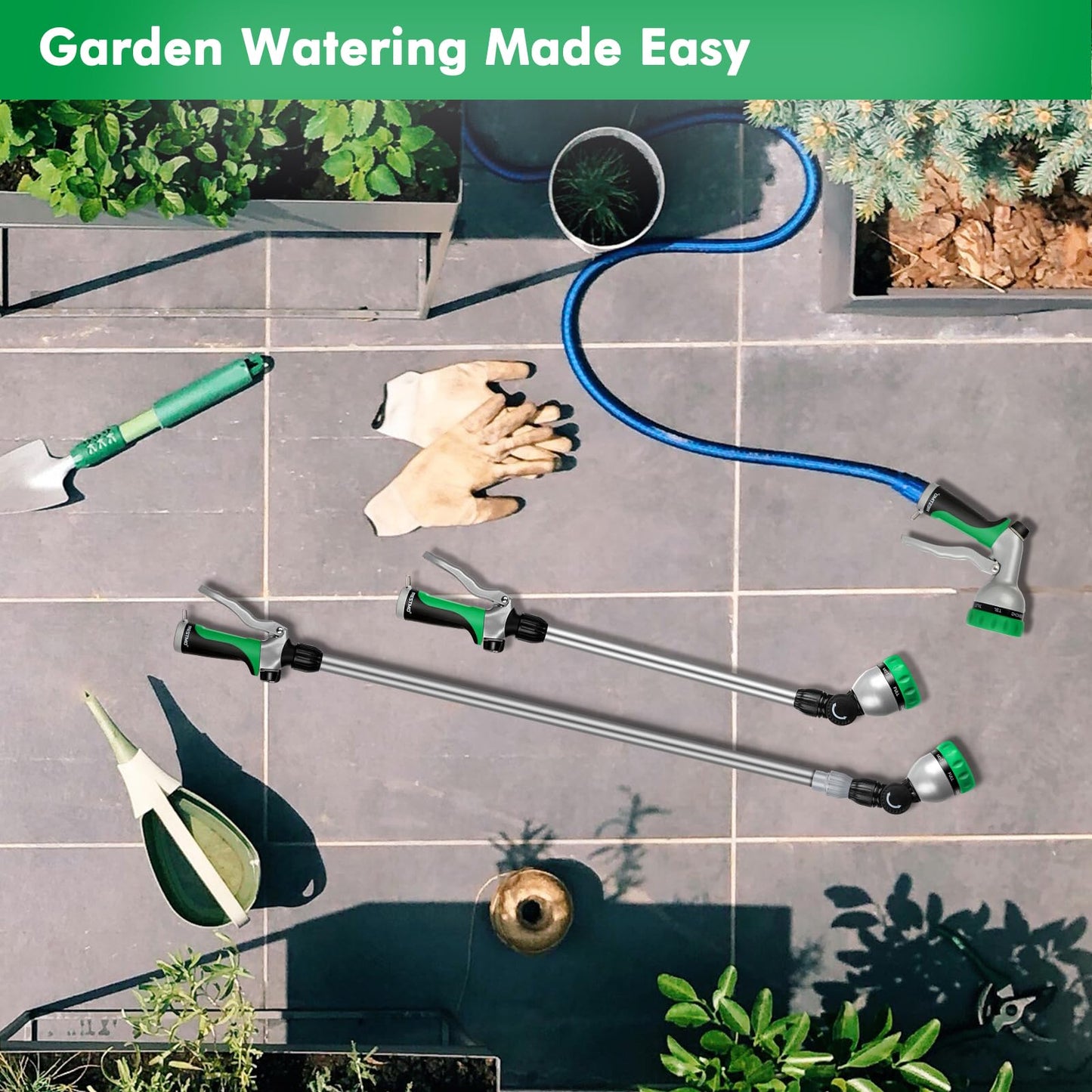 RESTMO 36”-60” Metal Watering Wand, Long Telescopic Tube | 180° Adjustable Ratcheting Head | 7 Spray Patterns | Flow Control, Perfect Garden Hose Sprayer to Water Hanging Baskets, Shrubs, Green