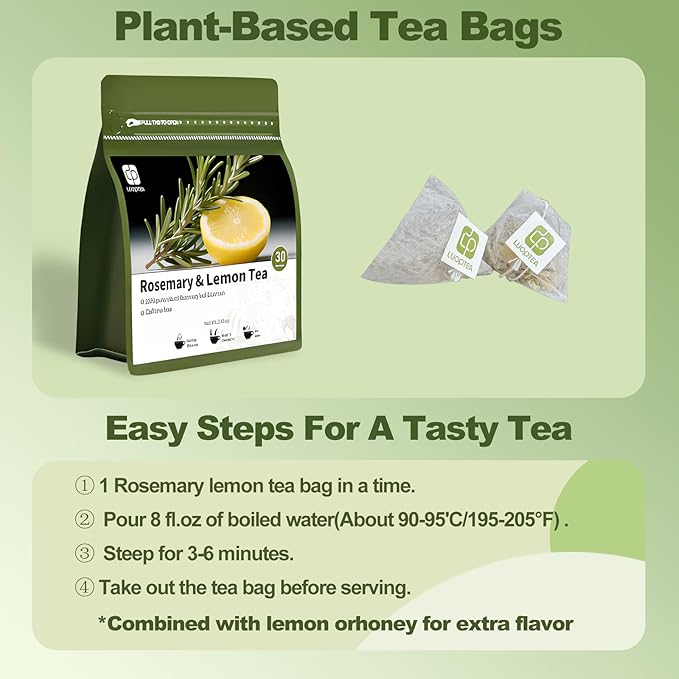 luoptea Rosemary &lemon Tea Bags| 100% Natural,Caffeine-Free,with Sun-Dried Lemon Peel &RosemaryLeaves,No-GMO,For Relaxing Moments&Everyday Refreshment.No suger,No caffenine,No Gluten,Vegan. (30 tea bags)
