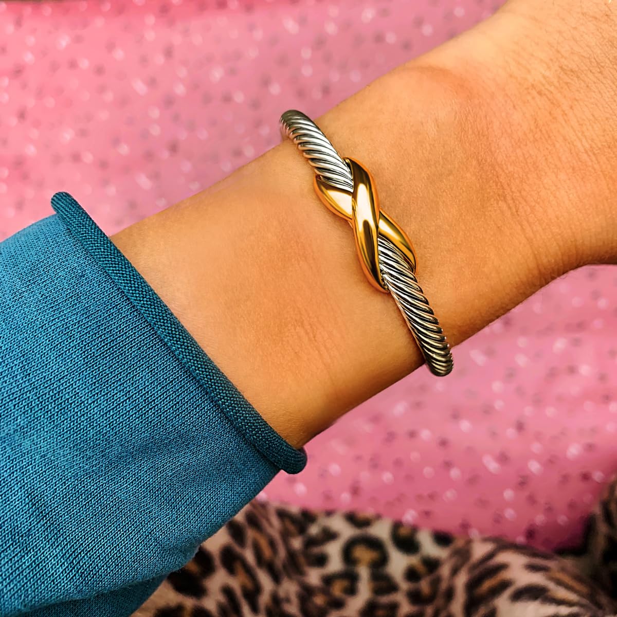 UNY Jewelry Bracelet Two Tone Criss Cross X Shape Infinity Twisted Cable Bangle Designer Inspired Women Jewelry (Single 2 Tone)