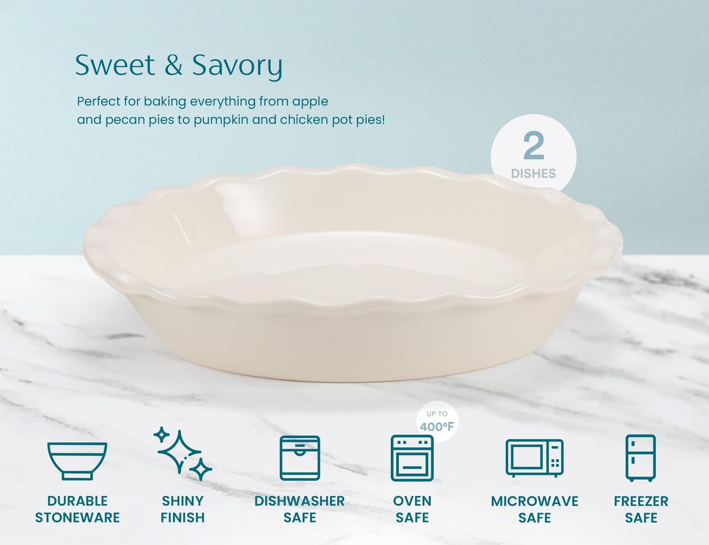 KooK Pie Pan, Ceramic Reusable Round Pie Dish, Quiche Baking Dish, Deep, Wave Edge, For Cakes, Tart, Casseroles, Tarts, Microwave, Oven and Dishwasher Safe, 9-Inch, 36 oz, Set of 2, Ivory