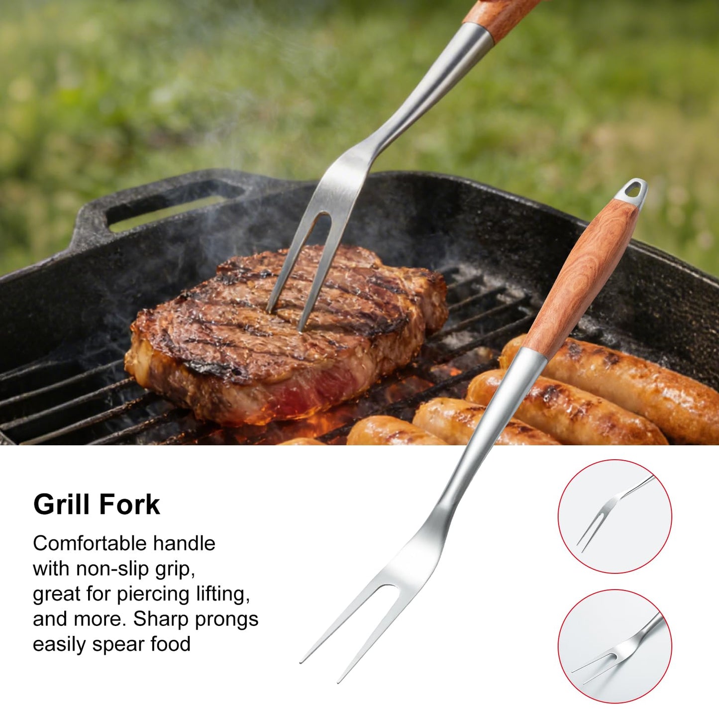Heavy-Duty Wood BBQ Grilling Accessories Tools Set, Premium Thickened Stainless Steel Barbecue Utensils for Outdoor Grilling