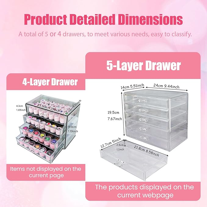 5 Tier Nail Art Decoration Storage Box,Acrylic Make Up&Jewelry Organizer with Drawers, Cosmetic Storage for Dresser Countertop and Bathroom,Transparent Acrylic Nail Art Jewelry Accessories
