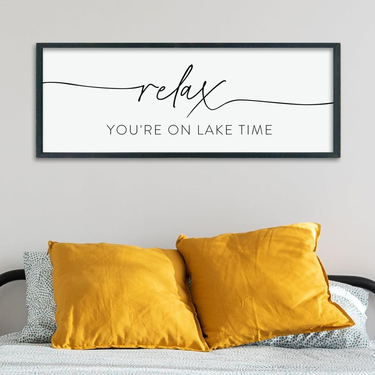 Relax You're On Lake Time Sign Wall Decor 40"×15" Lake House Bedroom Large Wood Framed Hanging Wall Art (Black)