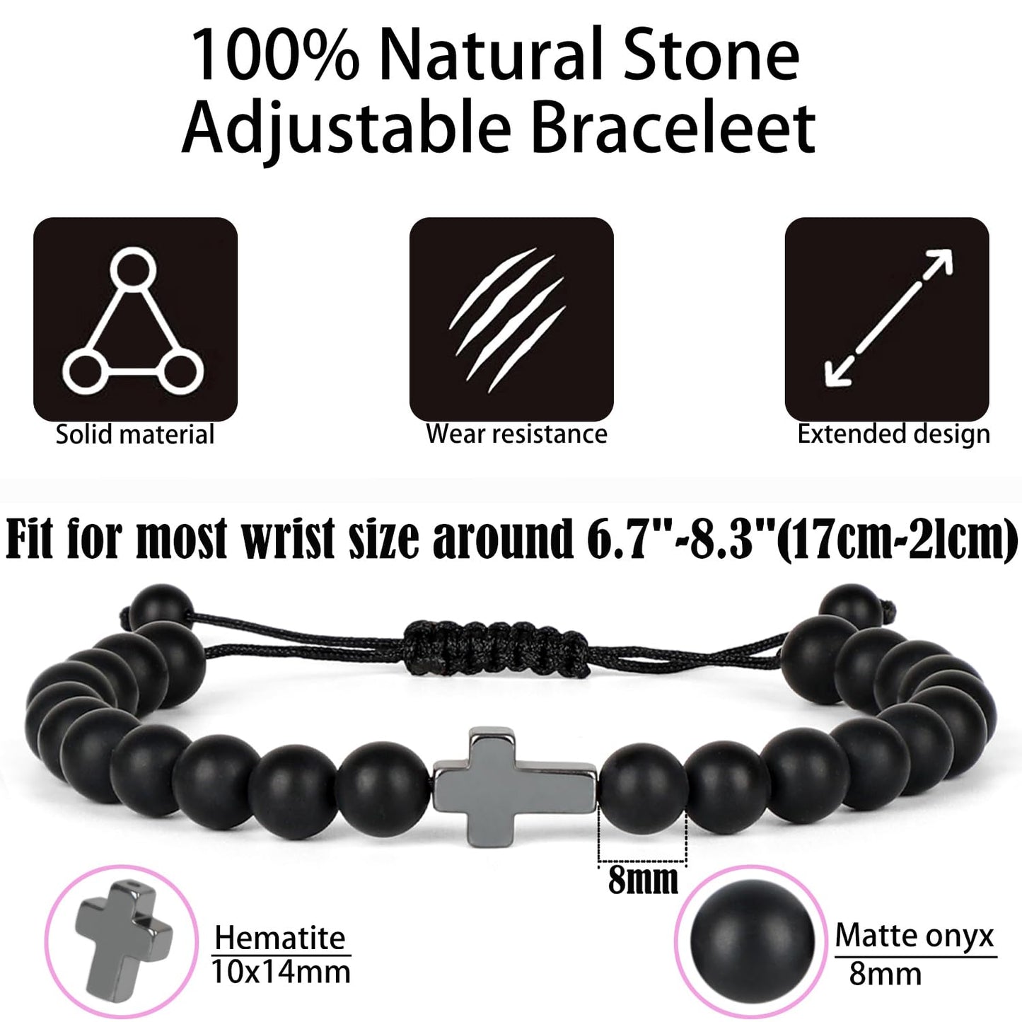 QOGIR Handmade Healing Bracelets,8mm Natural Matte Black Onyx Cross Beaded Bracelet for Men Women Gifts with 2PCS Size Adjustable Rope Bracelets
