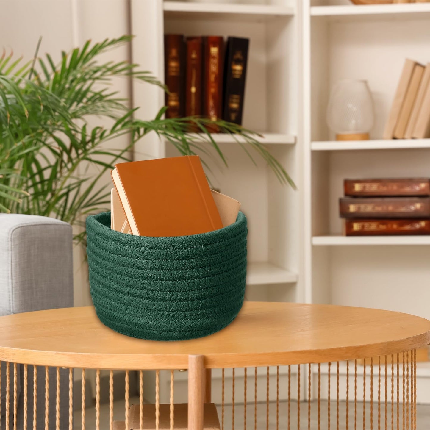 uxcell Green Small Cotton Rope Woven Storage Basket, Shelf Closet Storage Gift Woven Baskets Cute Nursery Box Bin Decor Organization Bin for Home Supply, Round, 5.6x3.6