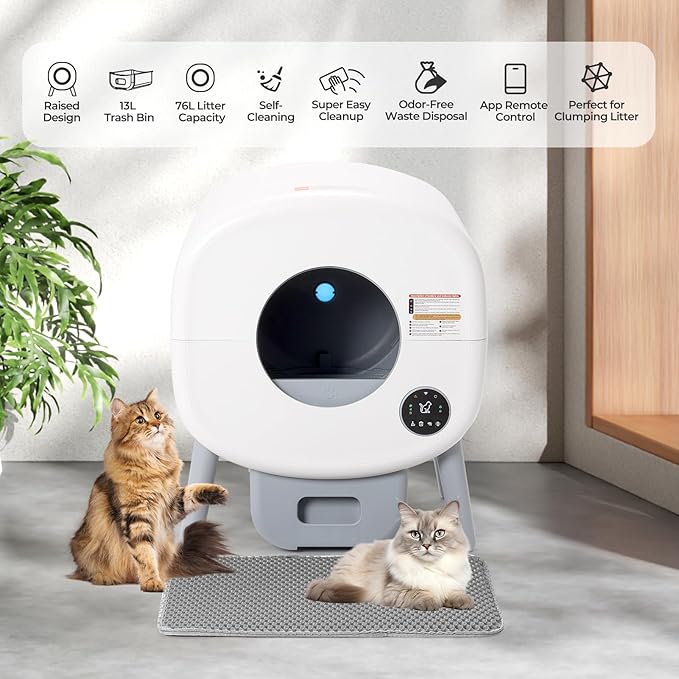 Fsitego Self Cleaning Cat Litter Box: 76L Extra Large Automatic Litter Box for Multiple Cats, Odor-Free, Smart App Control, Ambient Light Waste Disposal