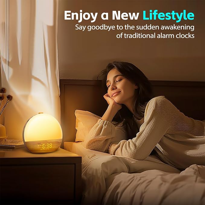 Geuuap Sunrise Alarm Clock, Noise Sound Machine Night Light, Wood Grain | 25 Soothing Sounds, 17 Dimmable lights, Dual Independent Alarms, Unlimited Snooze, Bluetooth Speaker, Backup Battery Memory