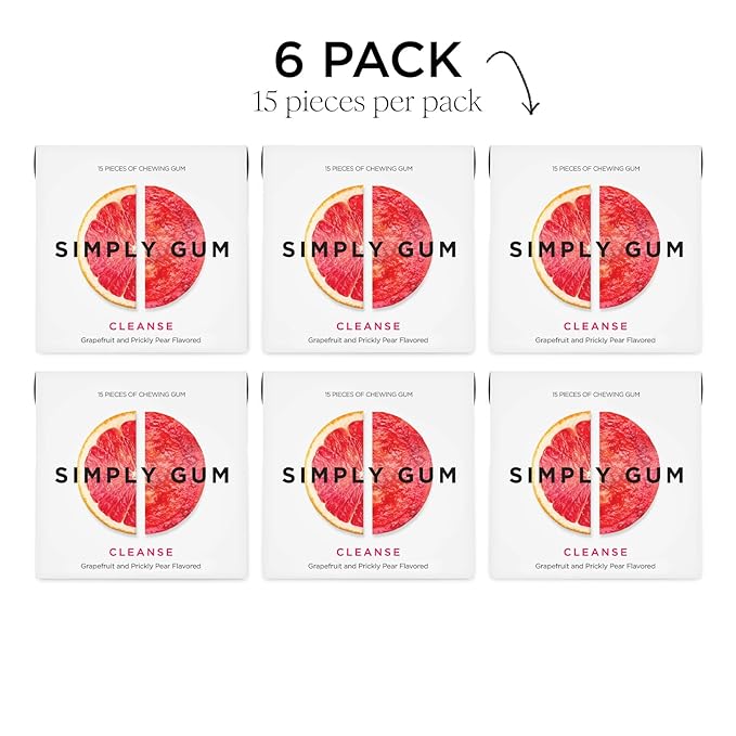 SIMPLY Gum Cleanse (Grapefruit and Prickly Pear), Plastic-Free Natural Chewing Gum, 6 Pack (90 Pieces) | Vegan, Kosher, Non GMO, Aspartame Free and Sorbitol Free