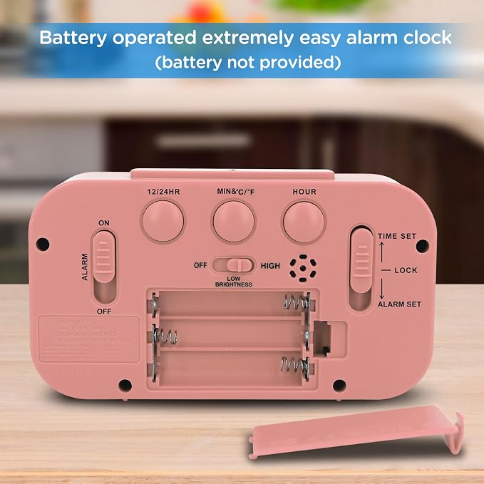 Peakeep Night Light Digital Alarm Clock Battery Operated Indoor Temperature | Small Cordless Cute Clock for Bedroom Desk Travel, Simple to Use for Teens Kids (Light Salmon Pink)