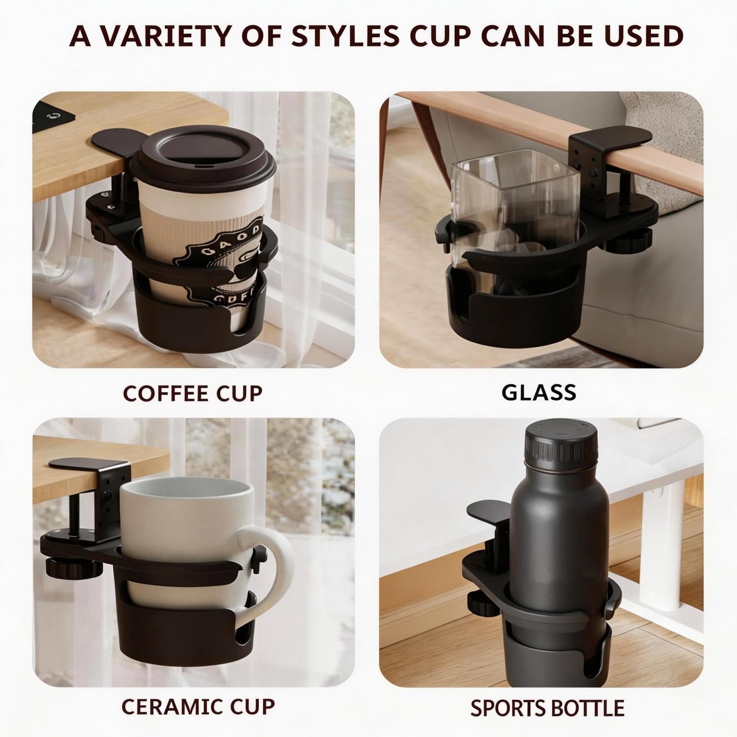 XULIONTS No Drill Desk Cup Holder Clamp, 360° Rotating Anti-Spill Table Cup Holder, Adjustable Clip on Cup Holder for Gaming Desk, Gamer Gift, Drink Holder for Coffee Cup, Office Accessories (Sleek)