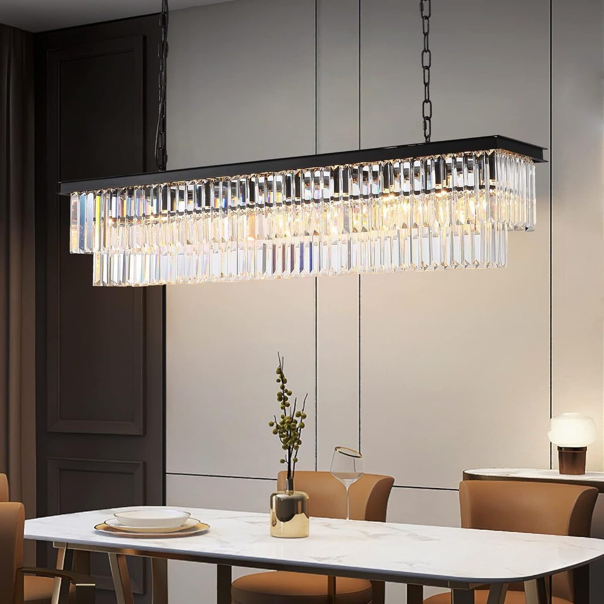 Rectangle Crystal Chandelier Black Modern Linear Chandelier Contemporary Pendant Light Fixture 8-Light Hanging Ceiling Light for Dining Room Living Room Kitchen Bedroom Foyer 47''