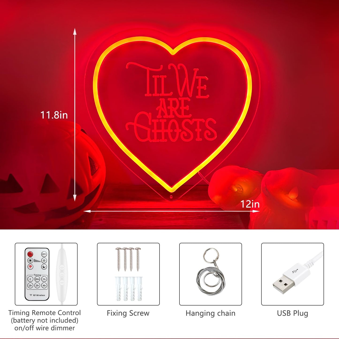 Til We Are Ghosts Neon Sign, Halloween Decoration Red Heart Shape Gothic LED Sign,Creepy Spooky Gothic Room Window Bedroom Wall Decor, for Wedding Decor, Anniversary Engagement Gift