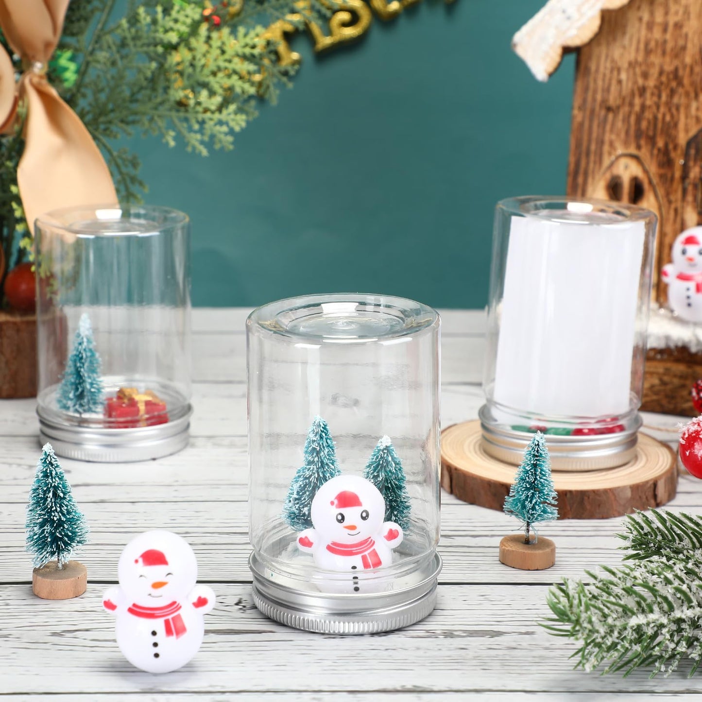 Jerify 36 Sets Christmas Plastic DIY Snow Globes Kit for Craft Adult Includes 36 Clear Snow Globe 3.1", 72 Mini Pine Tree with Base, 36 Miniature Snowman and Fake Snowflake for Table Home Xmas Decor
