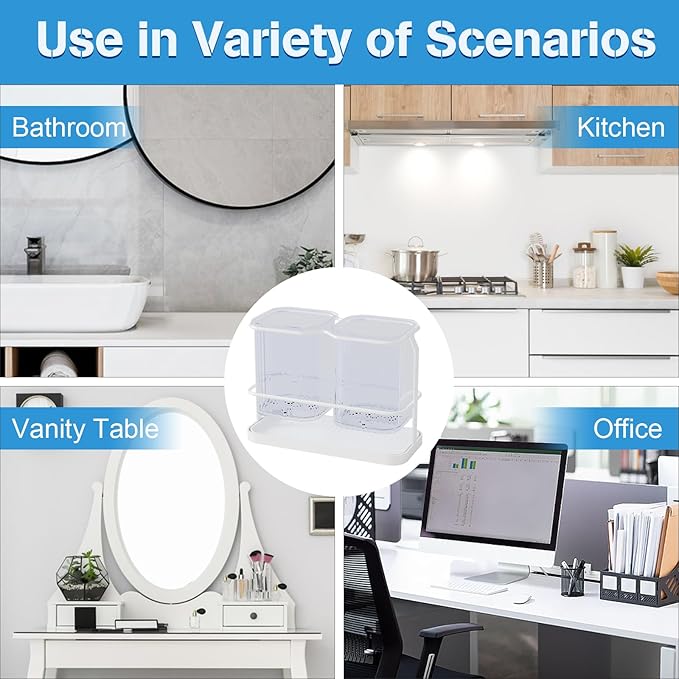 Countertop Toothbrush Holders, Wall Mounted Electric Tooth Brush and Toothpaste Holder for Bathroom with Hook, 2 Cups Toothbrush Organizer with Drain Tray Bathroom Accessories Storage (White)