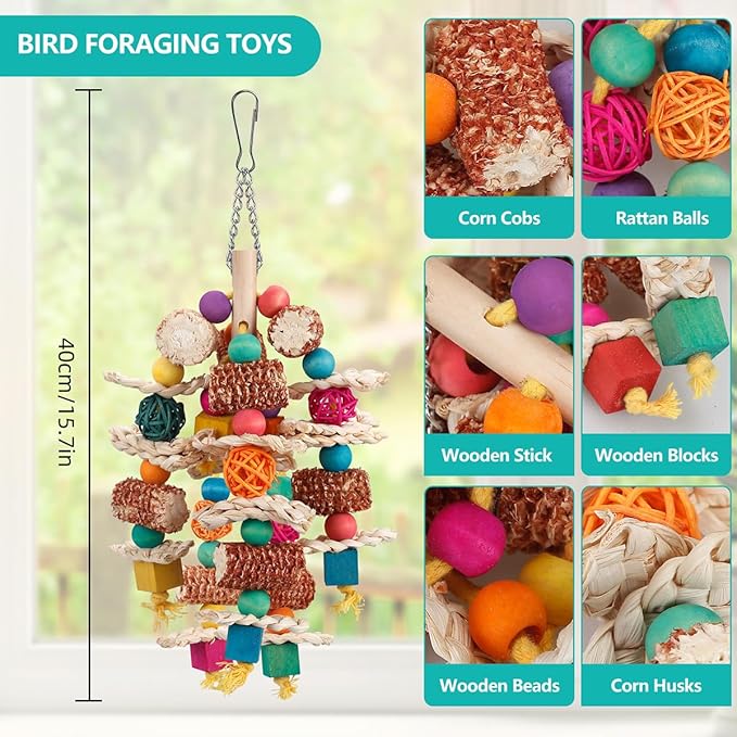 lovyoCoCo Parrot Toys Bird Toys Natural Corn Cob Bird chew Toys for Small and Medium-Sized Macaws,African Grey,Cockatoos, Parrots,Parakeet,Cockatiel,Sun Conure, Lovebird with Wooden Blocks