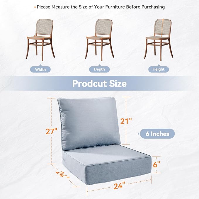 Luxury 6" Outdoor Cushions for Patio Furniture, 24x24x6" Thick Seat Cushion Set of 10, Fade Resistant Couch Chair Replacement Cushions High Density Wicker Chair Cushion w/ Removable Cover Baby Blue