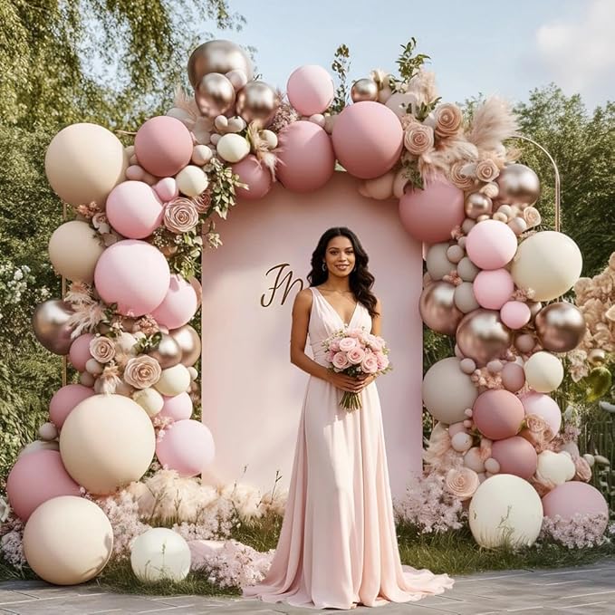 Dusty Pink Rose Balloon Garland Kit, Double Stuffed – Mauve, Light Pink, Blush, Nude, Beige & Champagne Gold Latex Balloons for Boho Birthday, Baby Shower & Bridal