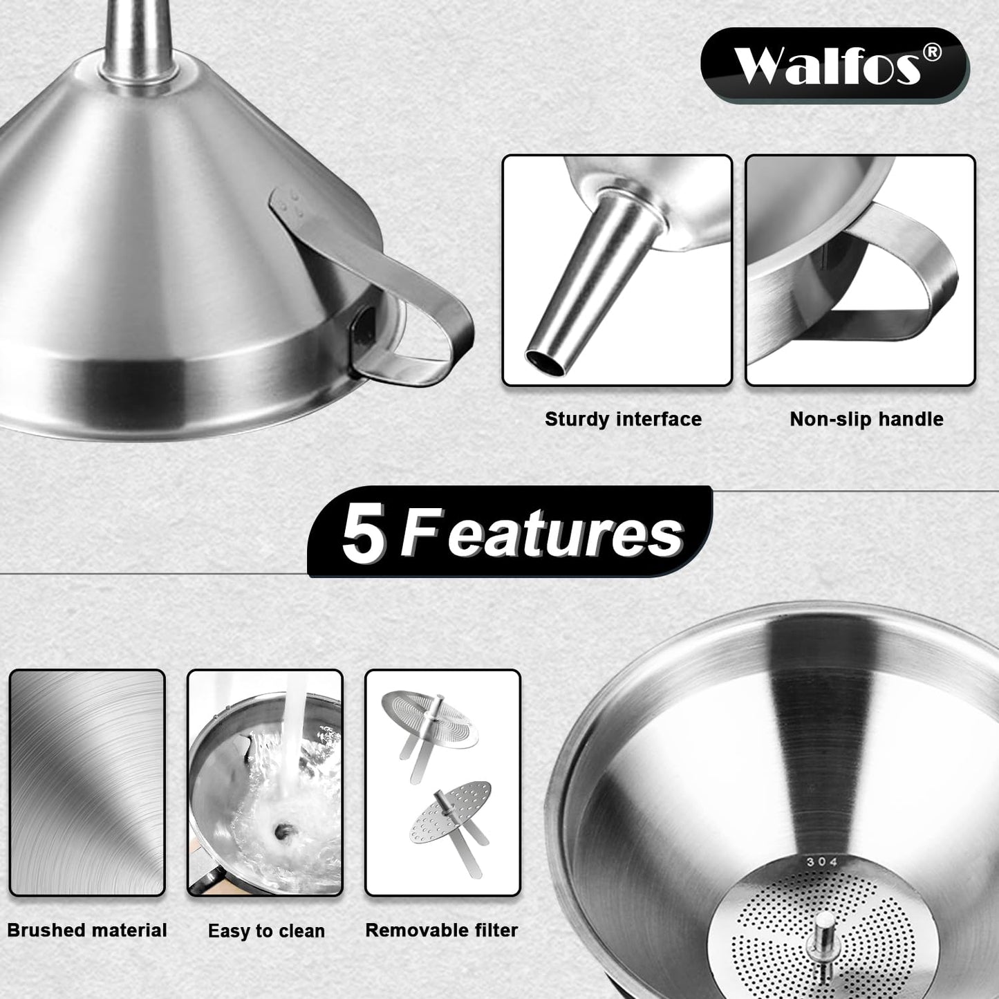 Walfos Extra Large Stainless Steel Funnel with Venting Slot, Kitchen Funnel with 2 Removable Strainer & 1Pc Cleaning Brush, Perfect for Transferring Liquid, Oils, Jam, Dry Ingredients (Jumbo, 7.9")