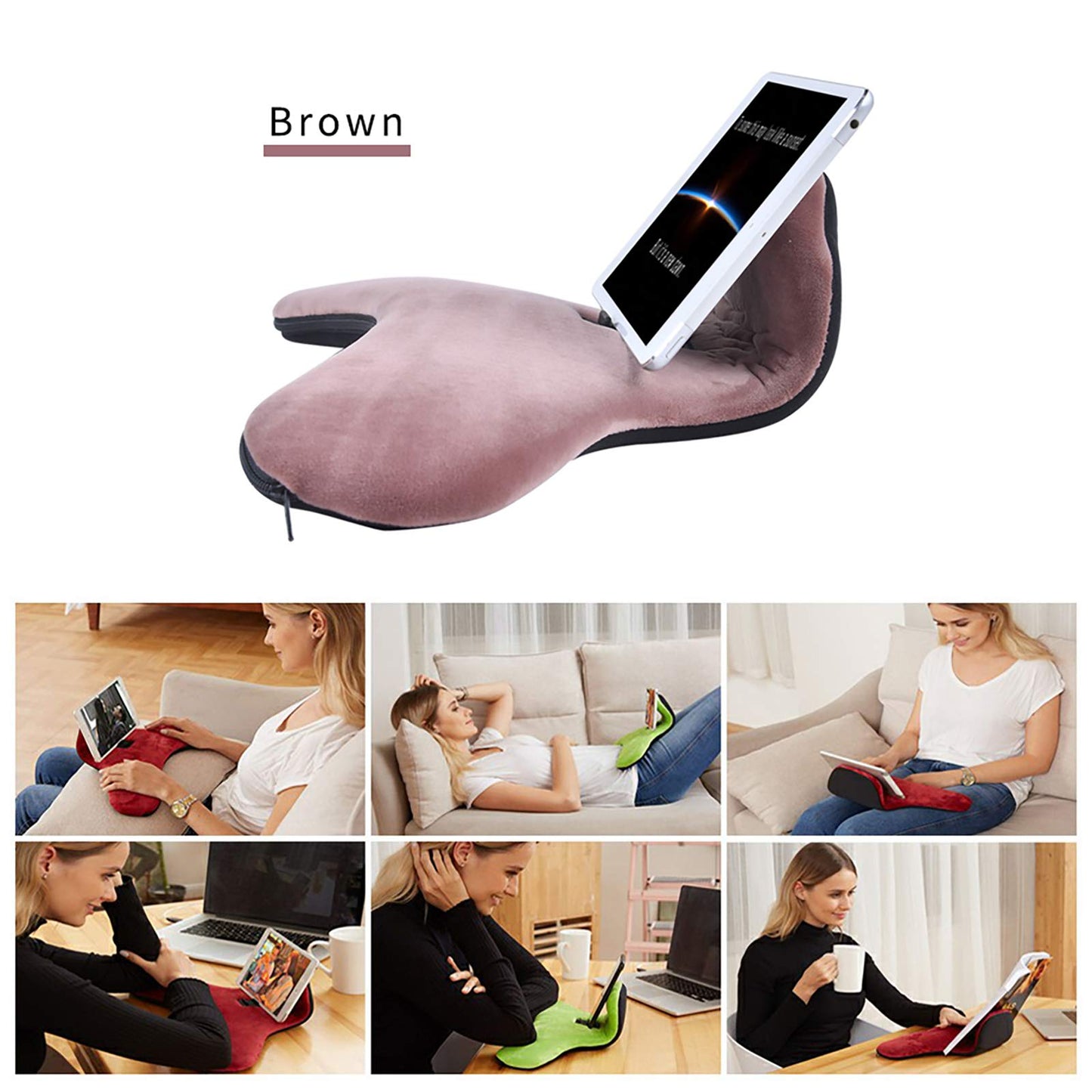 Soft Pillow for ipads, Multi-Angle Phones&Tablets Pillow Lap Cushion Stand, Universal ipad Tablet Reading Stand Pillow Holder as Gift Idea for ipads, Tablets, EReaders, Smartphones, Magazines(Brown)