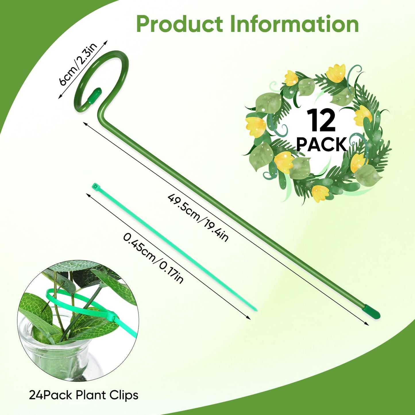 12 Pack Plant Support Stakes with 24 Pcs Plant Clips, Garden Single Stem Support Stake, Plant Cage Support Ring for Indoor Outdoor Flowers Rose Amaryllis Tomatoes Peony Lily Orchid