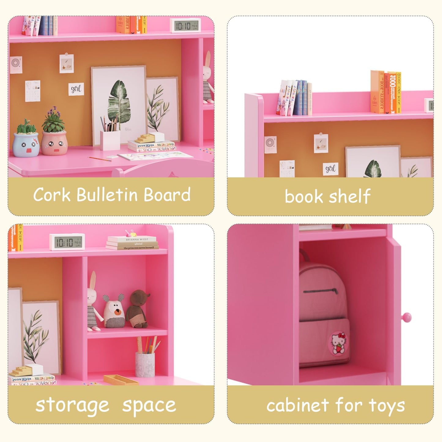 GAOMON Kids Desk & Chair Set with Hutch, Wooden Writing Table with Storage Cabinet for Kids Bedroom, Study Room, Computer Workstation, Pink