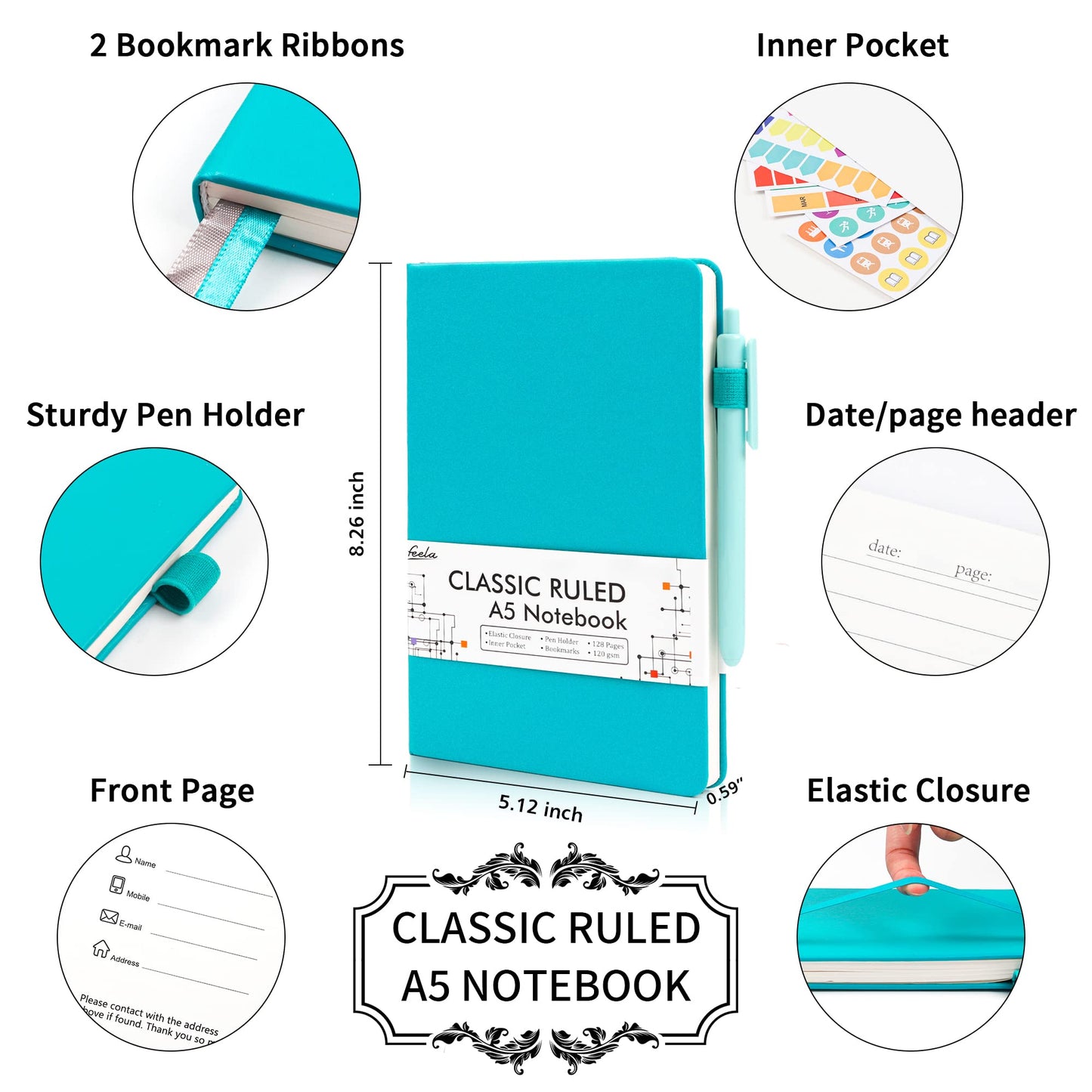 24 Pack Journal Notebook for Work, Feela Business Notebook Bulk Hardcover Lined Writing Journal with Pen Holder for Men Women Note Taking, with 24 Black Pens, 120 GSM, 5.1”x8.3”, A5, Emerald