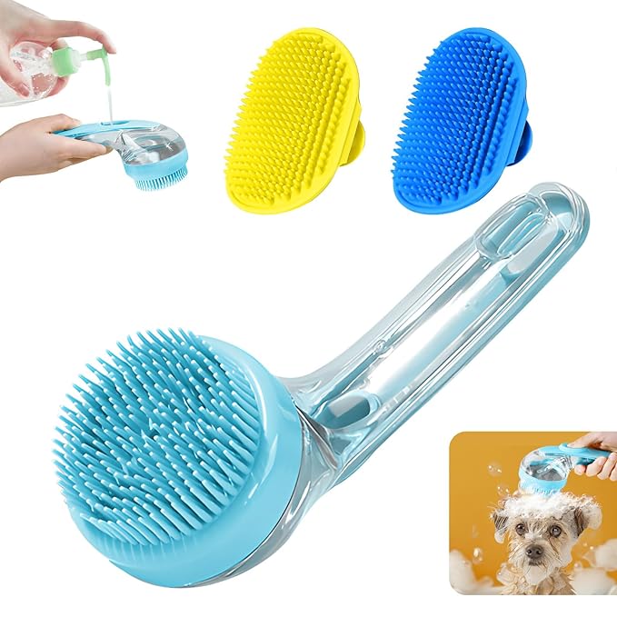 Peehss 3Pcs Dog Bath Brush, Dog Scrubber for Bath, Dog Shampoo Brush Bubble Maker, Dog Paw Washer, dog grooming Massage Brush with Adjustable Ring Handle, dog accessories for Short & Long Hair -Blue