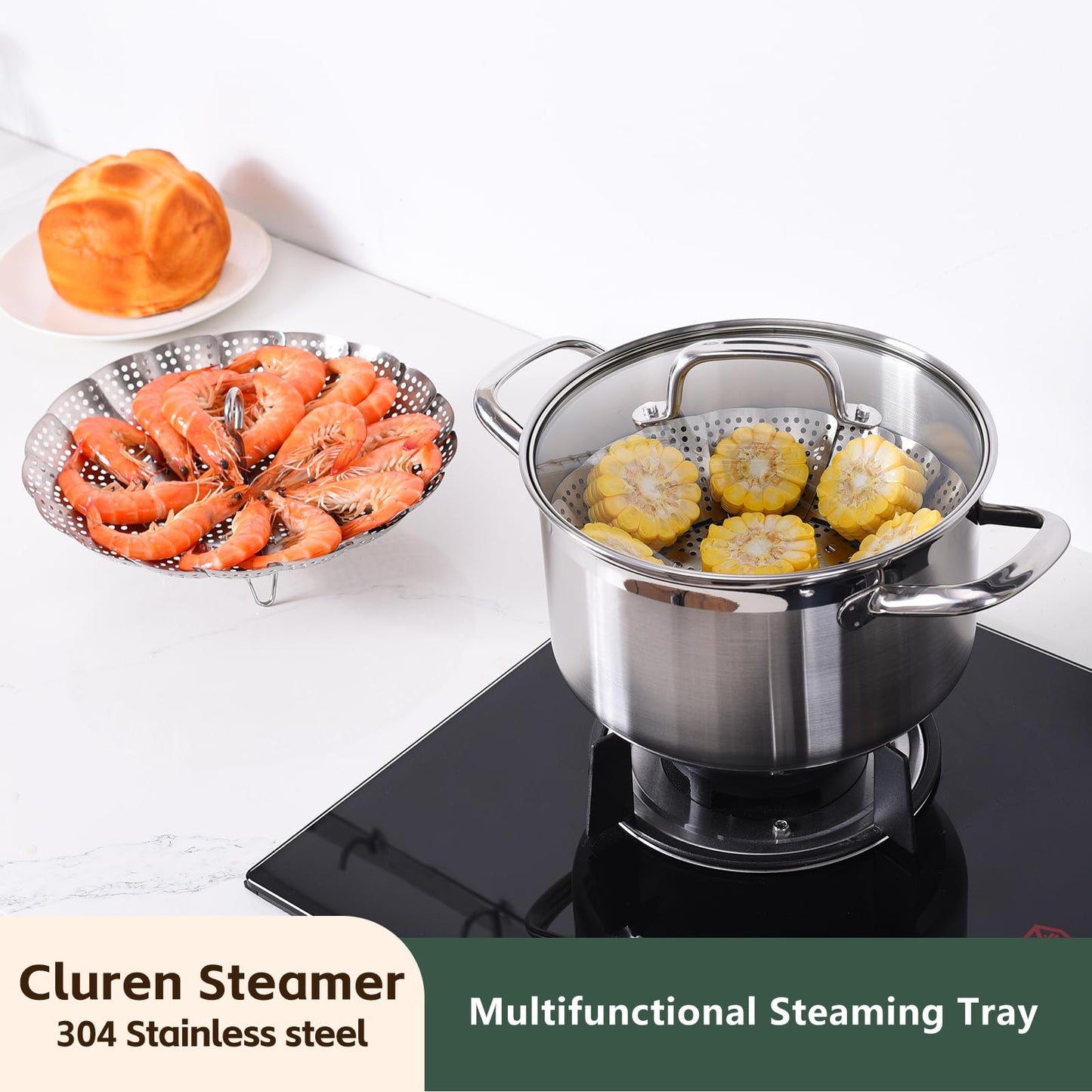 Cluren Steamer Basket for Cooking 304 Stainless Steel Entirely Thickened,Collapsible Steamer Insert for Pots, Fits Instant Pot/Skillets (6.5'' To 11‘’)