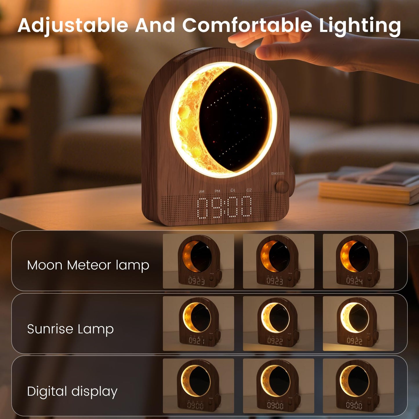Epochleno Sunrise Alarm Clock, White Noise Machine & Meteor Moonlight - 10 Soothing Sounds, Dual Alarms, 30/60/90min Timer, Easy Snooze - Bedroom Gift for Insomnia Adults/Women - Walnut