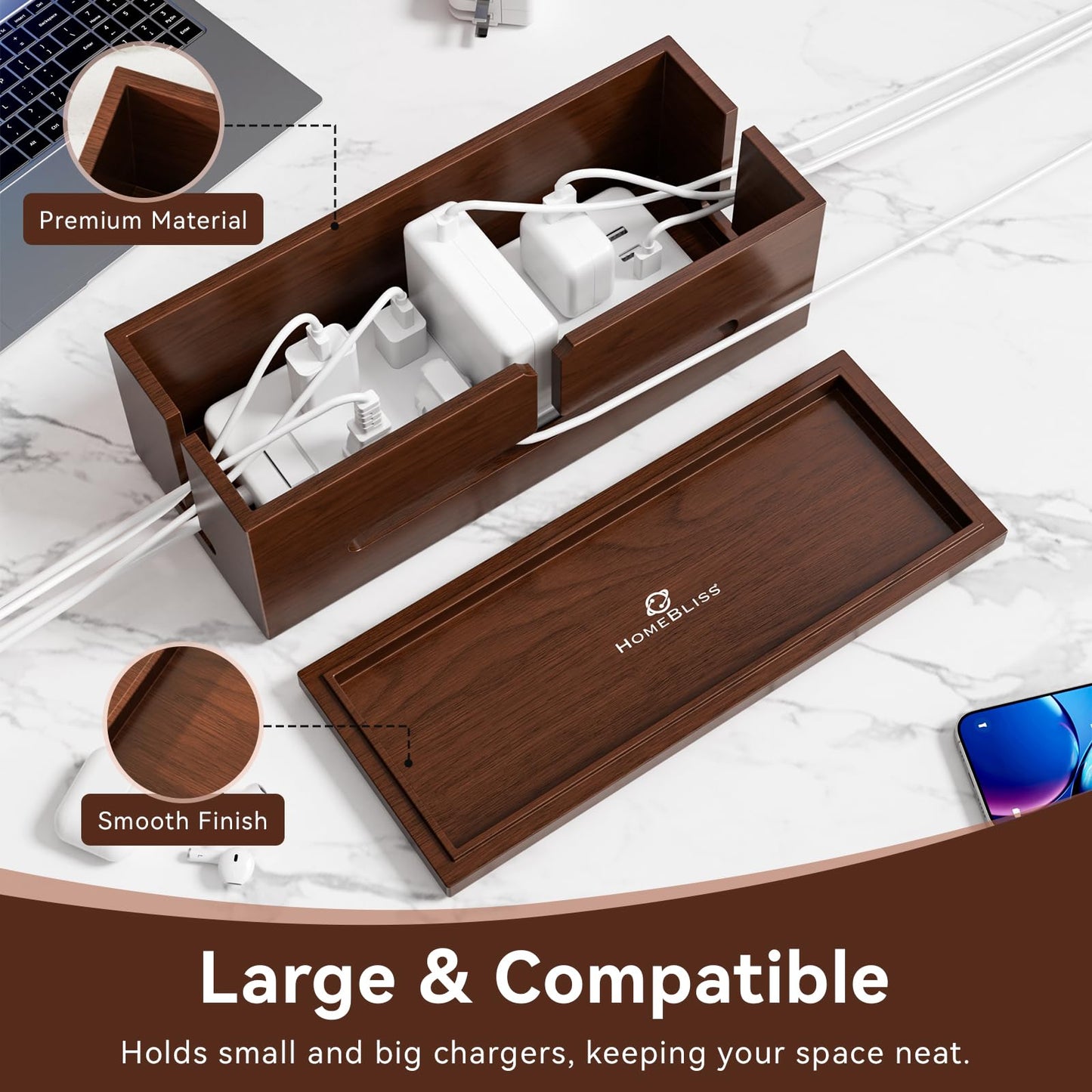 HomeBliss Large Cable Management Box-Stylish Wire Organizer, Wire Concealer and Wire Management Box-Wire Management Box with Protective Sleeve (Brown)