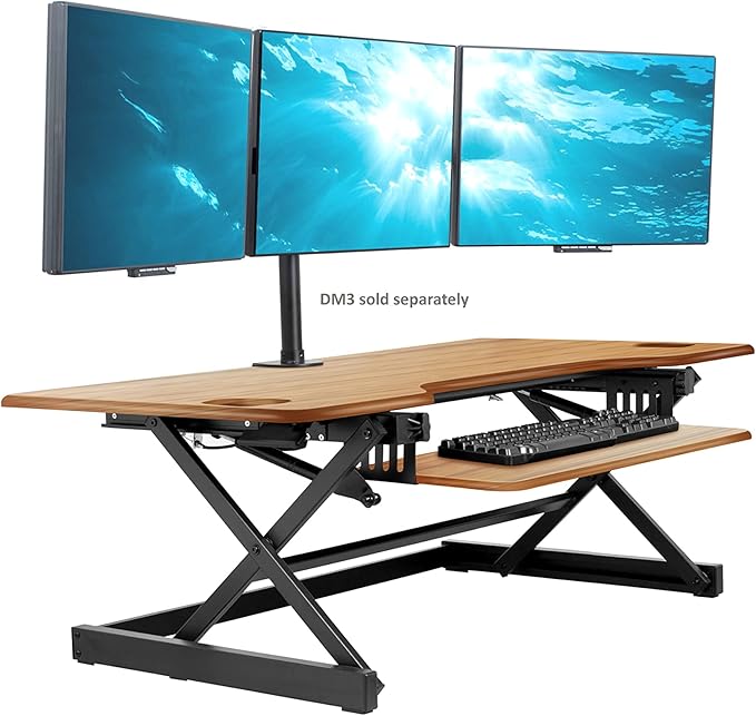 Rocelco 46" Large Height Adjustable Standing Desk Converter - Quick Sit Stand Up Triple Monitor Riser - Gas Spring Computer Workstation - Retractable Keyboard Tray - Teak Wood Grain (R DADRT-46)
