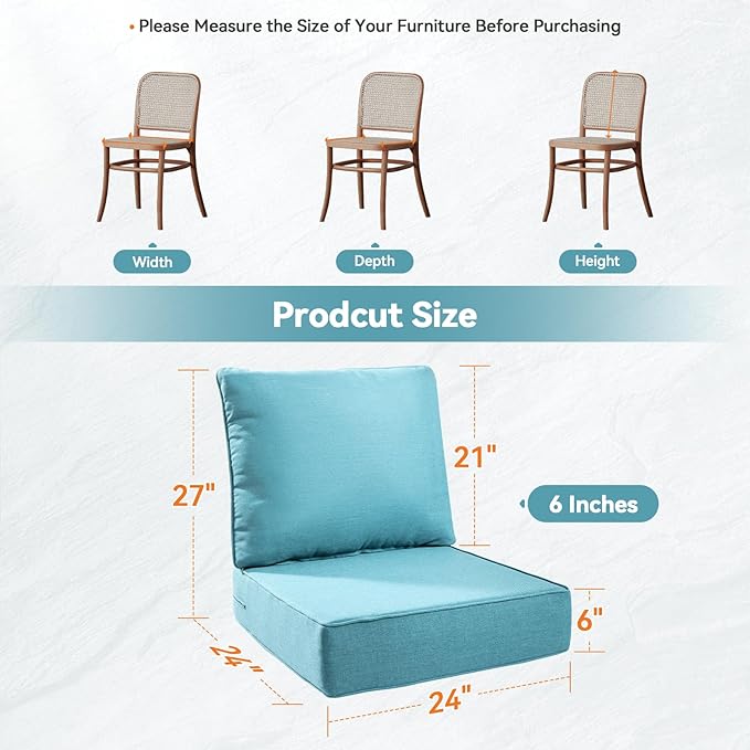 Luxury 6" Outdoor Cushions for Patio Furniture, 24x24x6" Thick Seat Cushion Set of 8, Fade Resistant Couch Chair Replacement Cushions High Density Deep Wicker Chair Cushion w/ Removable Cover, Teal