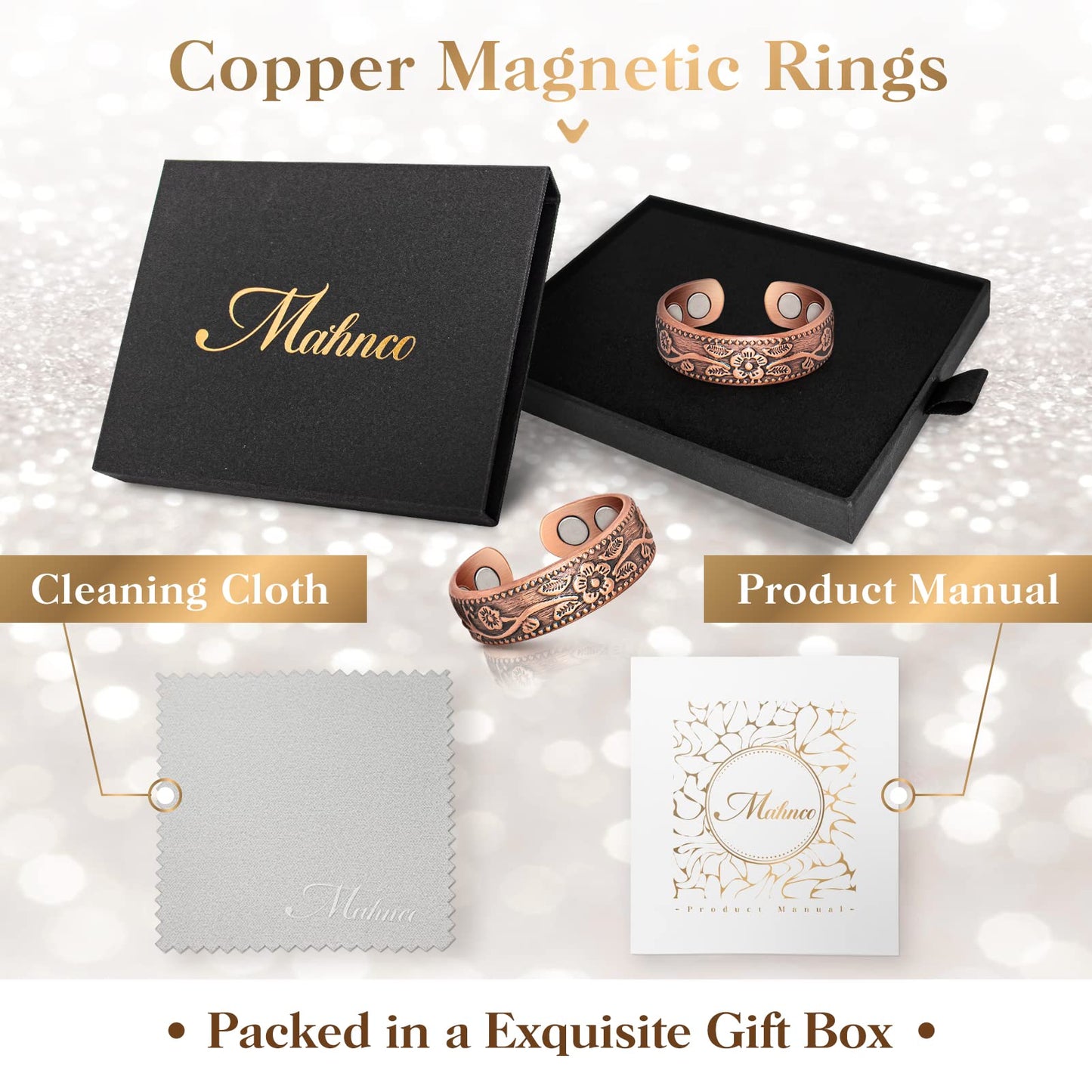 Mahnco Magnetic Copper Rings for Women Magnetic Rings 3500 Gauss Magnetic Lymph Detox Magnetic Ring-100% Solid Pure Copper Jewelry Gift (2PCS)