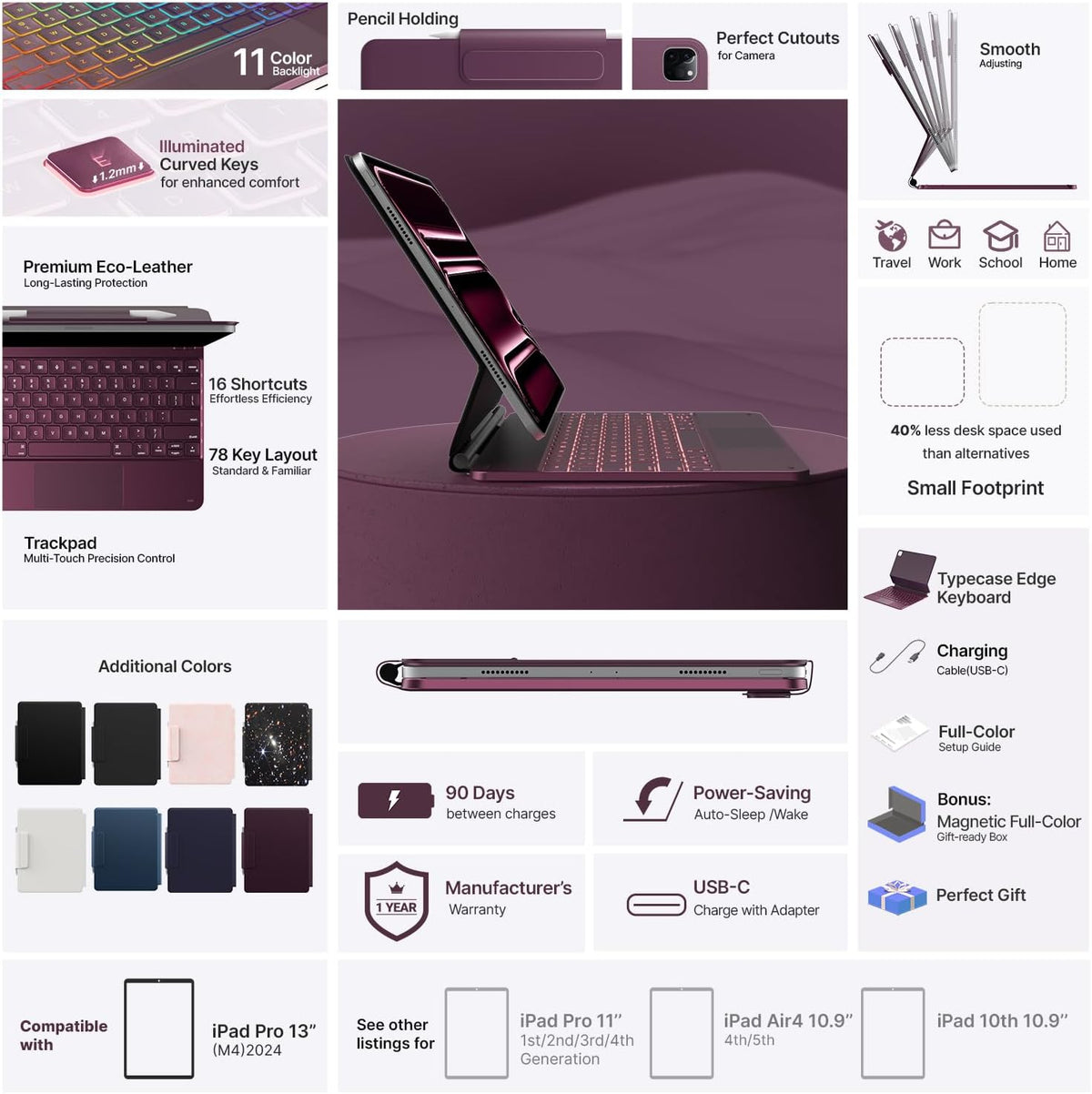 typecase Keyboard Case for iPad Pro 13-inch (M4) 2024,Magic Keyboard with 11 Colors Backlight for iPad Pro 13,Keyboard Case with Pencil Holder,Multi-Touch Trackpad,Easy-Set Magnetic Stand(Raspberry)