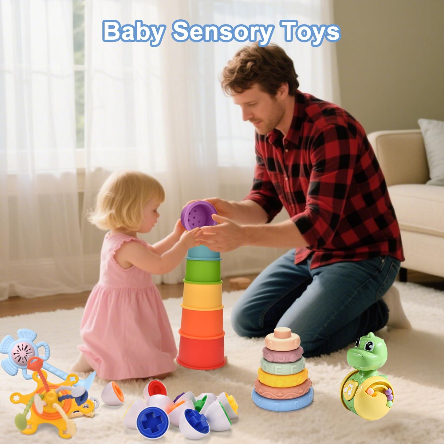 Montessori Baby Toys 6-9 12-18 Month,7-in-1 Sensory Infant Teething Toys for 6-12 Month,Stacking Blocks Cups Ring Matching Eggs Pull String Suction Cup Toy for Babies 6-12+ Months,1 Year old Baby Gift