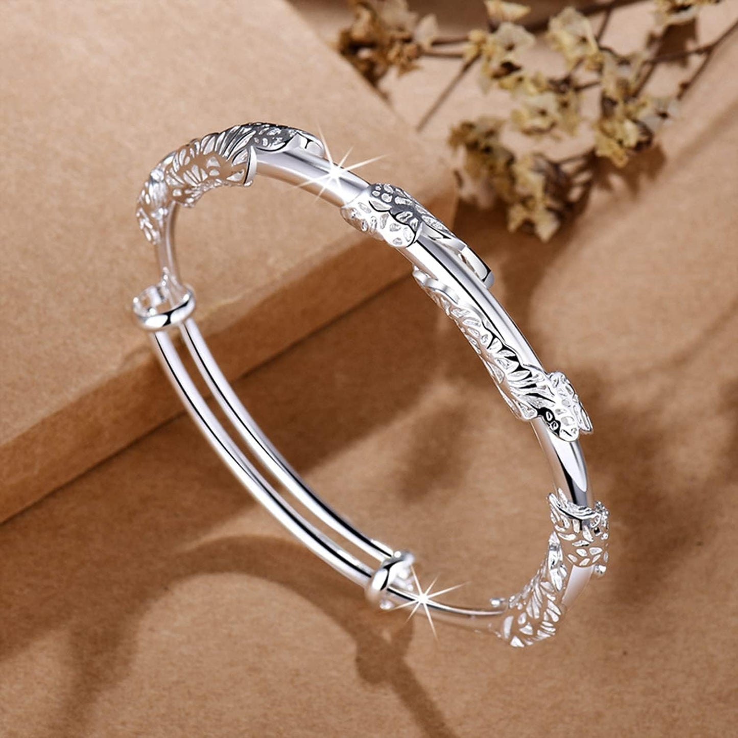 Solid 925 Sterling Silver Bracelet for Women Minimalist Adjustable Cuff Bangles Fashion Stackable Handmade Floral Engrave Bracelets Trendy Boho Cuff Bracelet Jewelry Gift for Birthday Women's Day