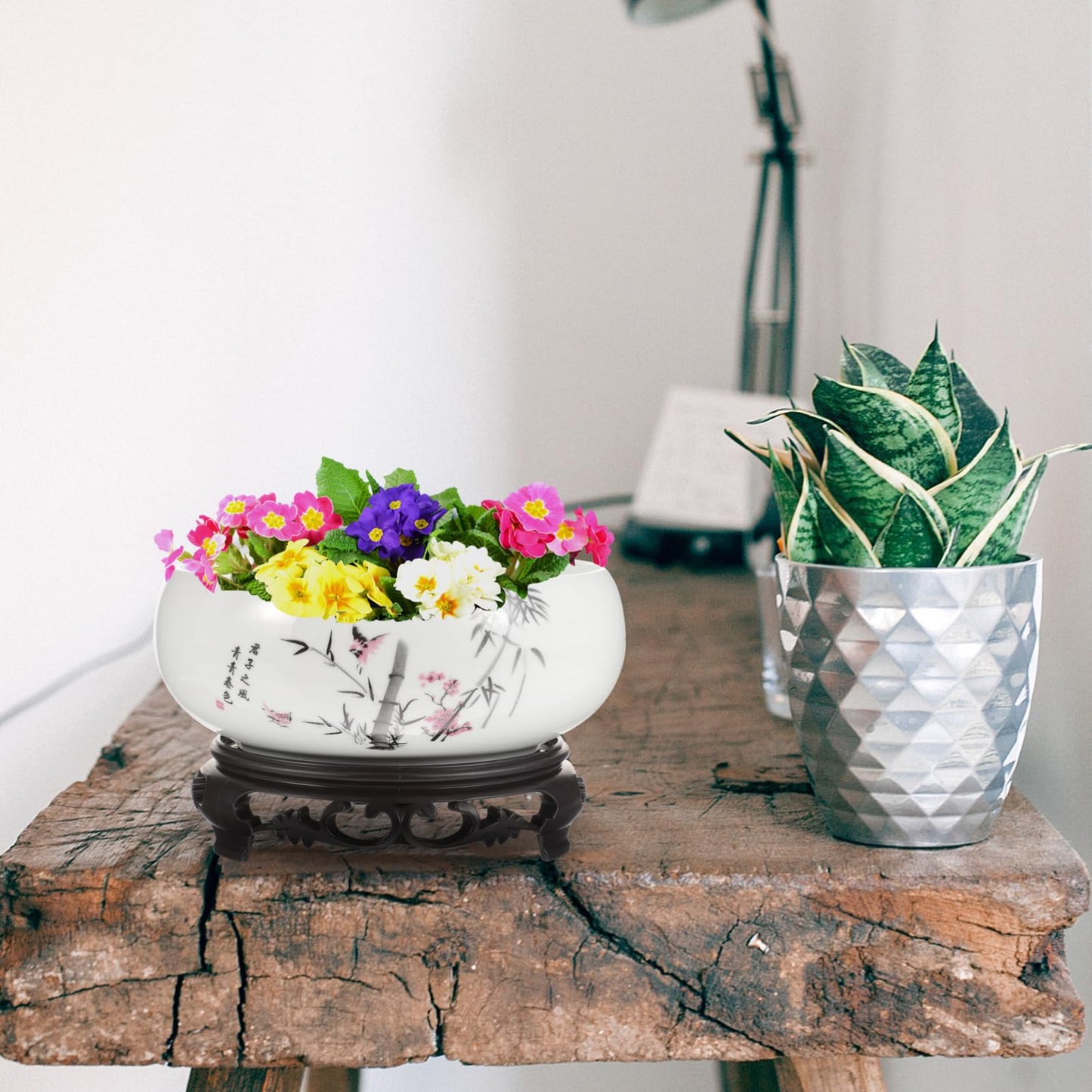 YARNOW Ceramic Lotus Bowl Planter with Stand - 6.9 Inch Water Lily Bowl for Home Office Garden Decor, No-Drainage Hole