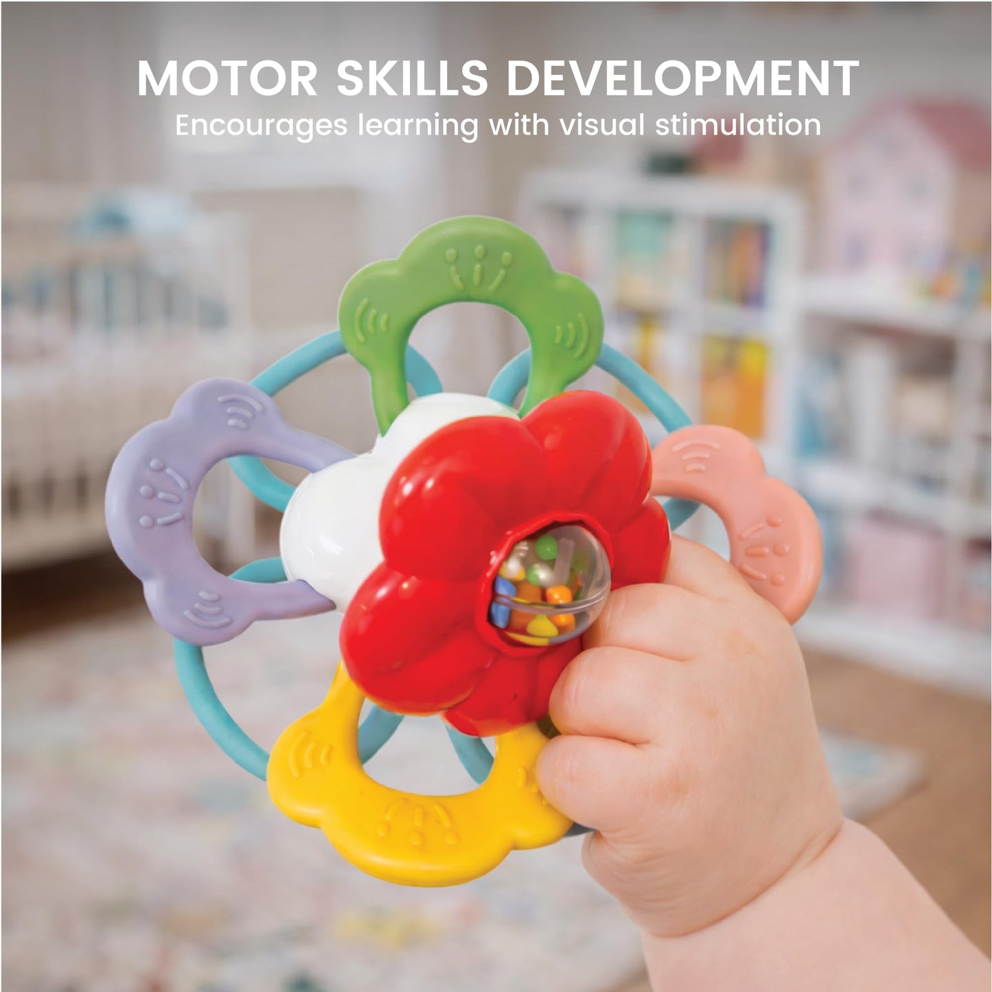 Lulyboo Flower Rattle Teether: BPA-Free Silicone with Textured Petals, Built-in Rattle Beads and 360° Twist. Soft, Flexible Design soothes Gums While Supporting Sensory and Motor Skill Development