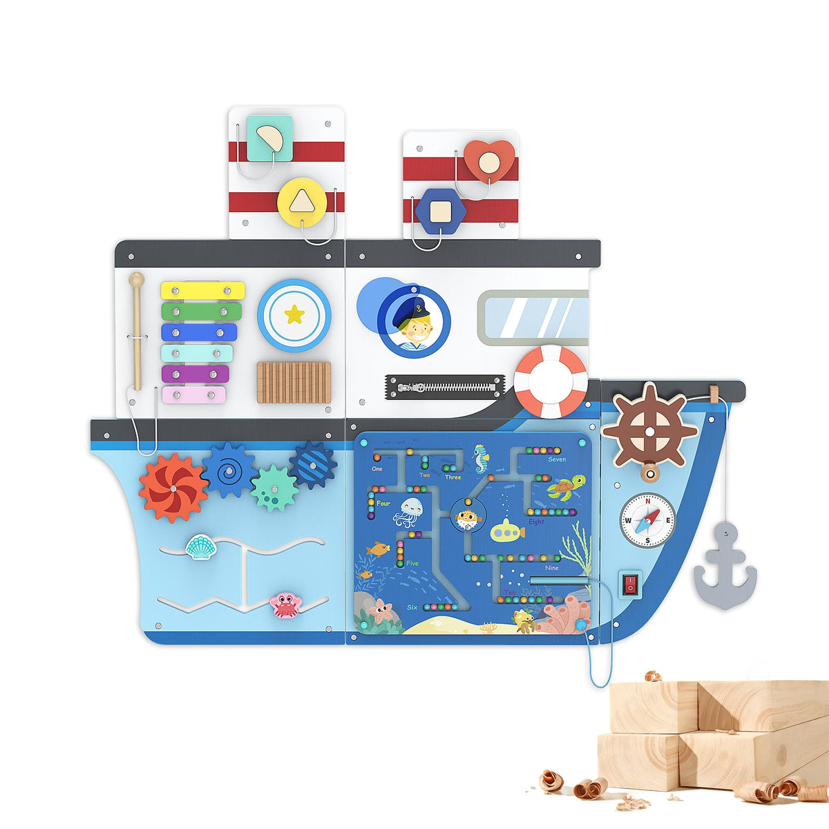 BlueWood Wooden Wall Busy Board Panels, Toddler Learning Activity Center, Montessori Philosophy Sensory, Educational Toys, Conducive to All-Round Development - Rocket